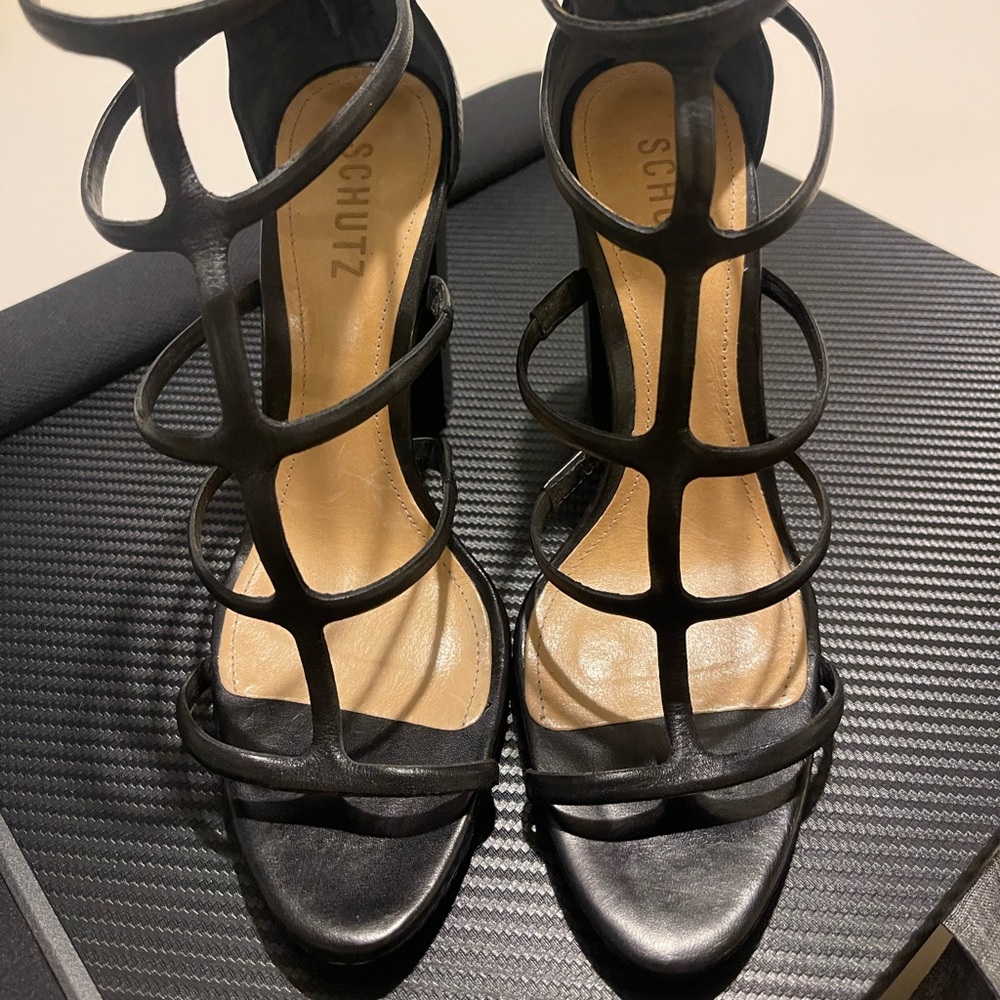 SCHUTZ Black Leather Stiletto Heels with Ankle Straps